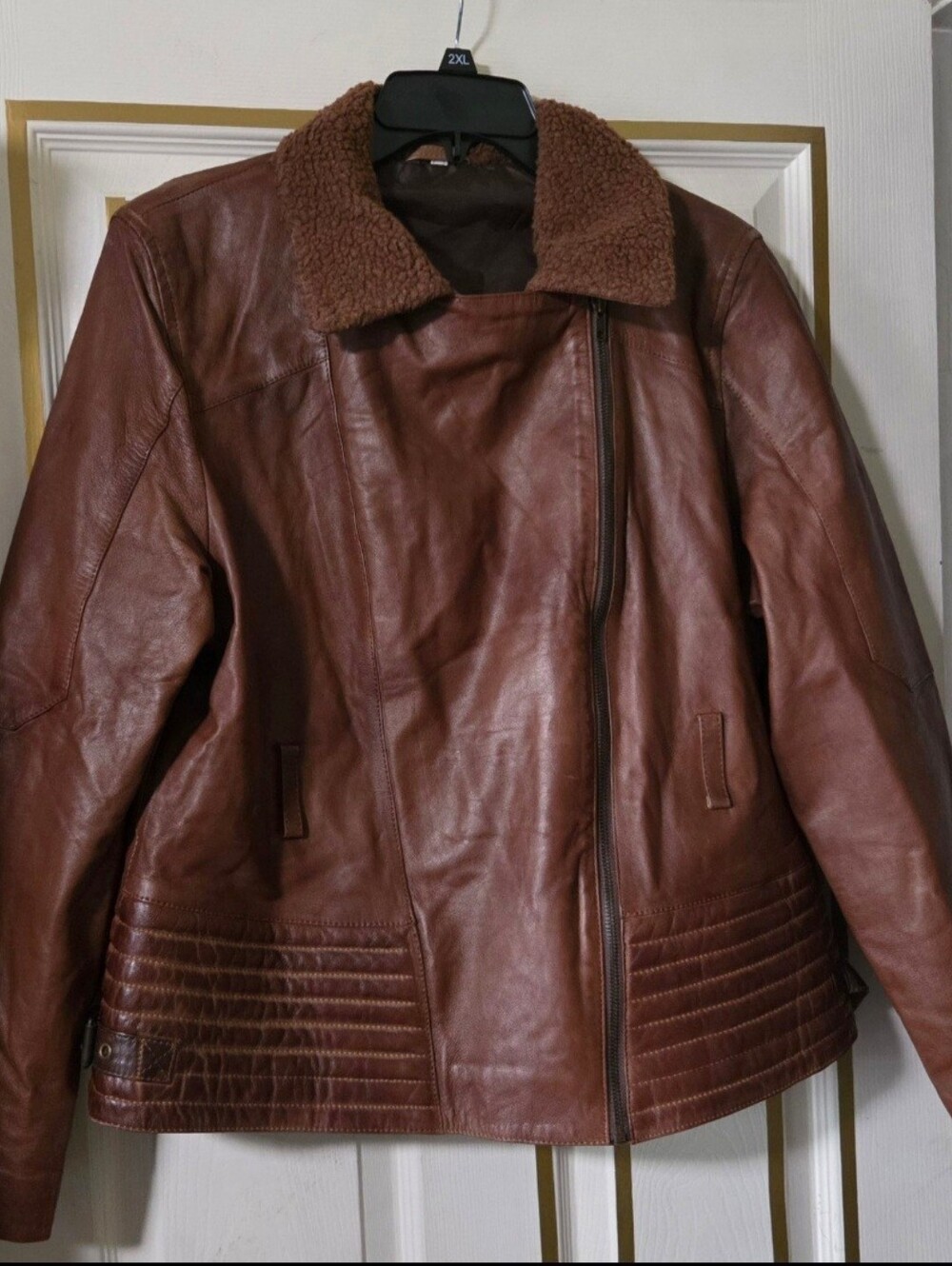 Brown Leather Shearling Collar Jacket - Women's